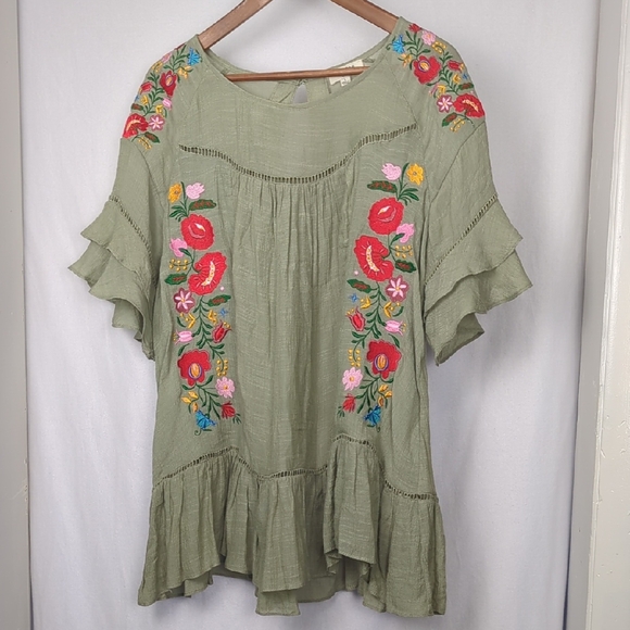 Umgee Tops - UMGEE Women's Floral Embroidered Green Boho Ruffle Top Large